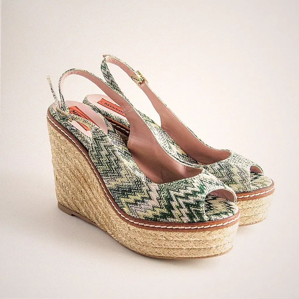 Missoni Keilabsatz Slingback Sandalen Grün Zickzack Strick Damen US 8 EU 38
