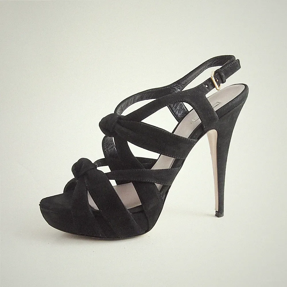 Miu Miu Cage Sandale Keilabsatz Schwarz Wildleder Damen US 9.5 EU 39.5