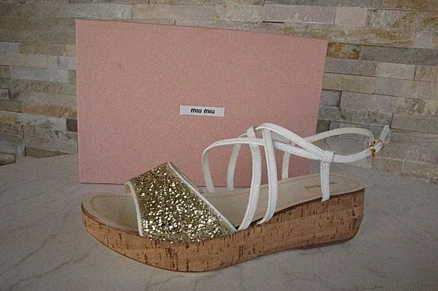 MIU MIU EU 40 Plateau Sandaletten sandals Schuhe Glitter Pyrit NEU ehem UVP570€