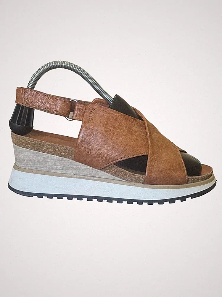 MJUS Sandalen Cross Over Plateau braun Leder bequem große weite Passform Gr. 40