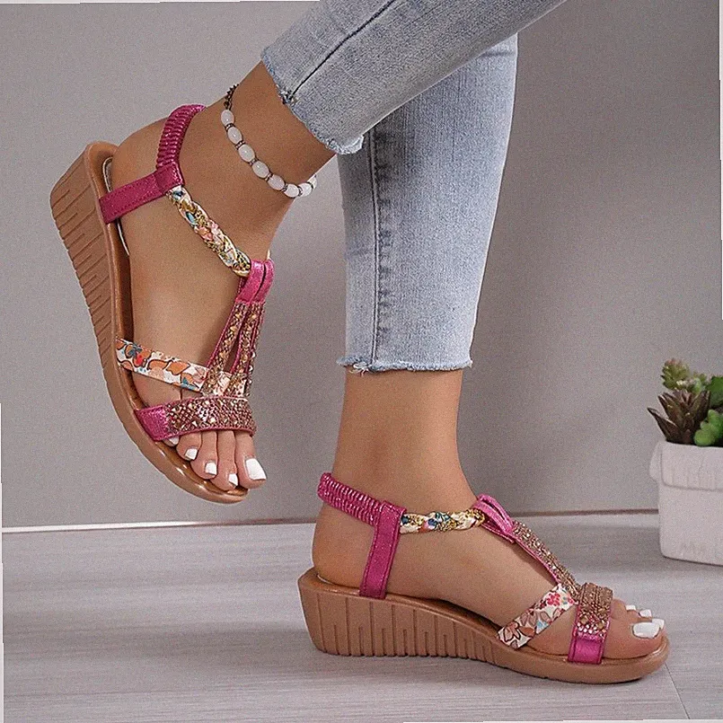 Mode Damen-Strandsandalen Fischmund Keilabsatz Freizeit Böhmen Strass Sandalen