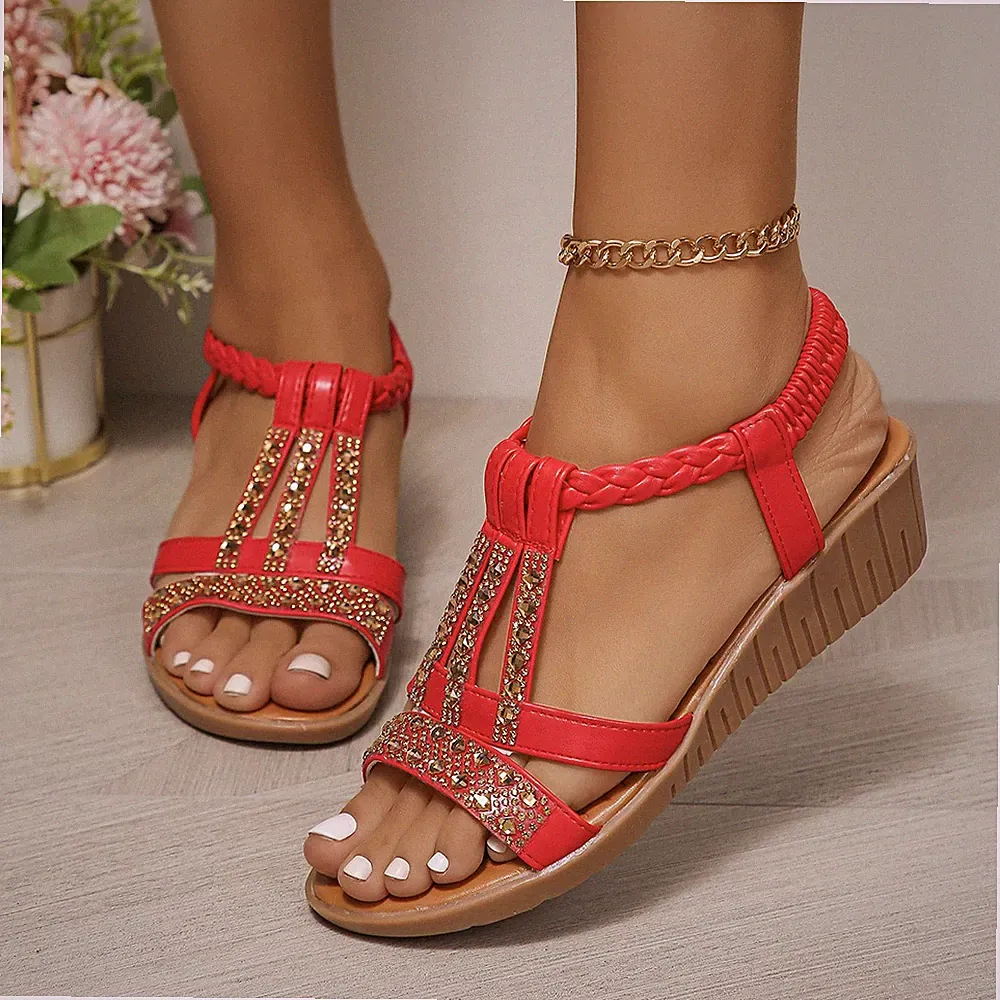 Modische Damen-Strandsandalen Fischmund Keilabsatz Freizeit Strass