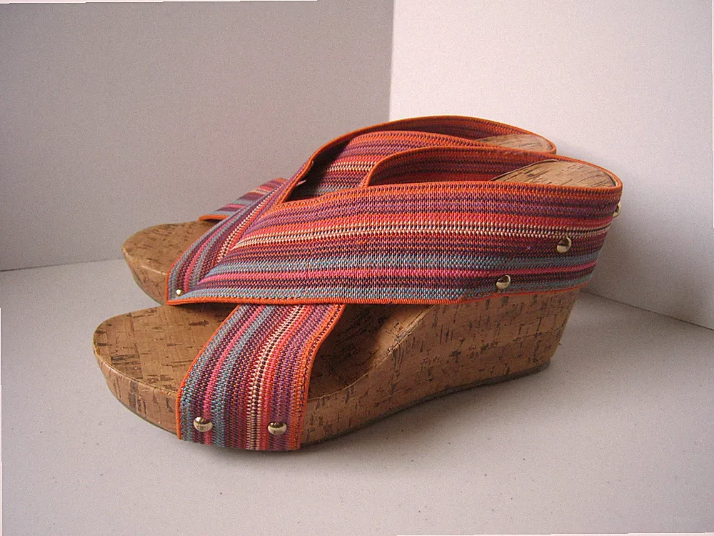Montego Bay Club Sandals Sz 9 Platform Cork Wedge Heels Red Slip On Cross Strap