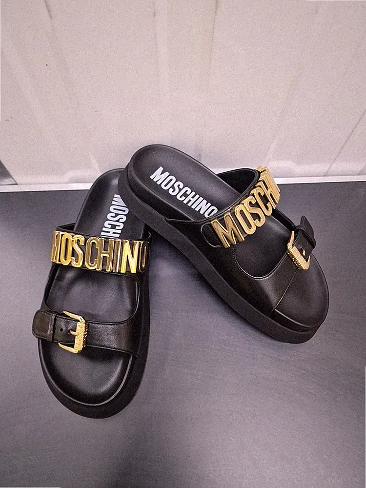 MOSCHINO Doppelriemen Leder Fußbett Sandalen mit Schriftzug Logo - UK 5 / EU 38
