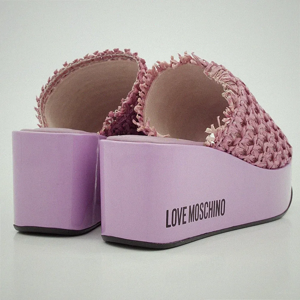 Moschino Lilac ZeppaQ80 Raffia Keil-Sandaletten mit Plateau, 7 cm Absatz