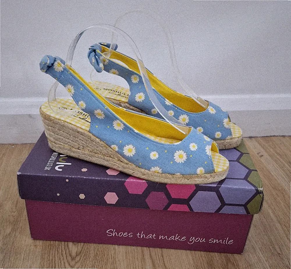 Moshulu Daisy Wedges Gr. 39 UK 6 Farben Espadrille Sandalen Denim Gelb Blau