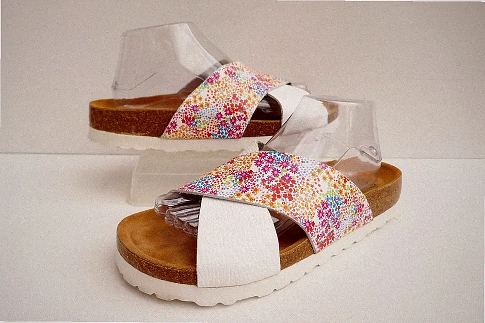 MOSHULU MARGATE PRINT WHITE+PINK FLORAL LEATHER/LEATHER GEFÜTTERT SANDALEN UK 7 EU41
