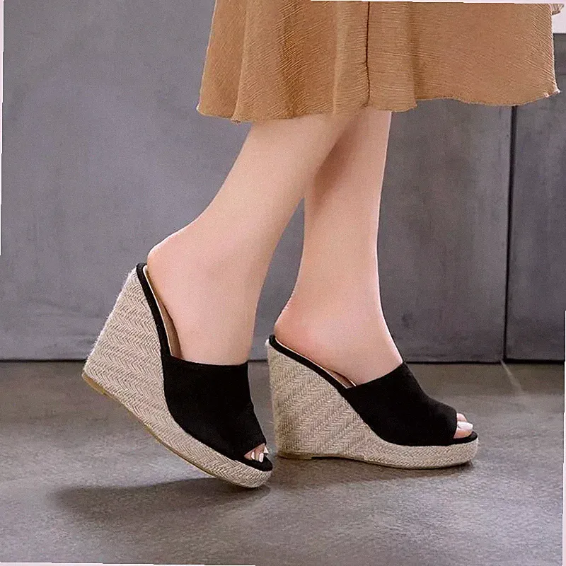 Mules Sandalen Keilabsatz Kork Schwarz Bequem Slip On 11 cm CF8X1A