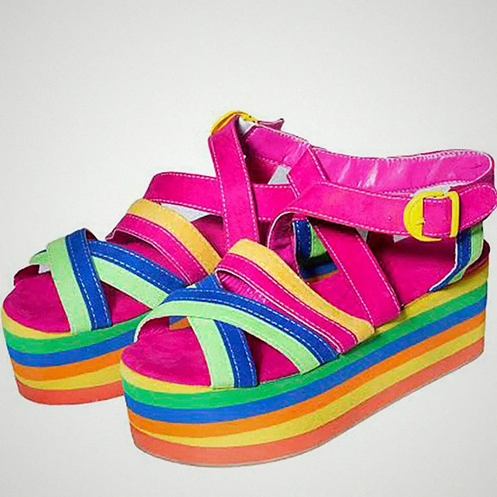 MuMu Rainbow Streifen Schnalle Sommer Party Plateau Keil Sandalen US 8.5