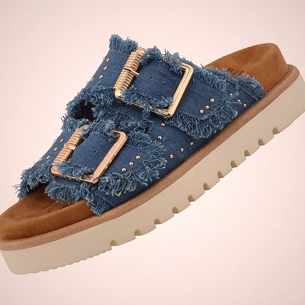Mustang Damen Pantolette Sandale Blau 26M0632001-Jeans Plateau