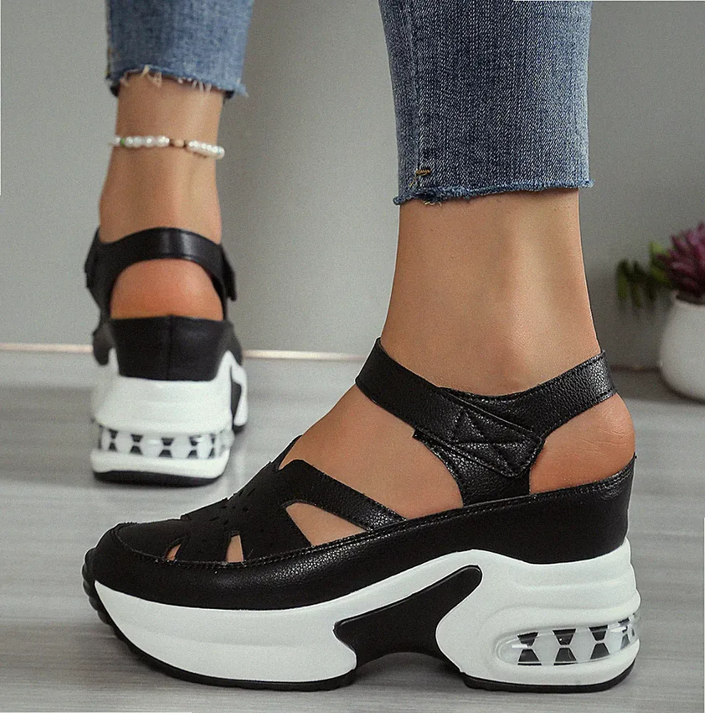 Neu Damen Cut-Outs Plateausohle Klettverschluss Größen Keilabsatz Sandalen