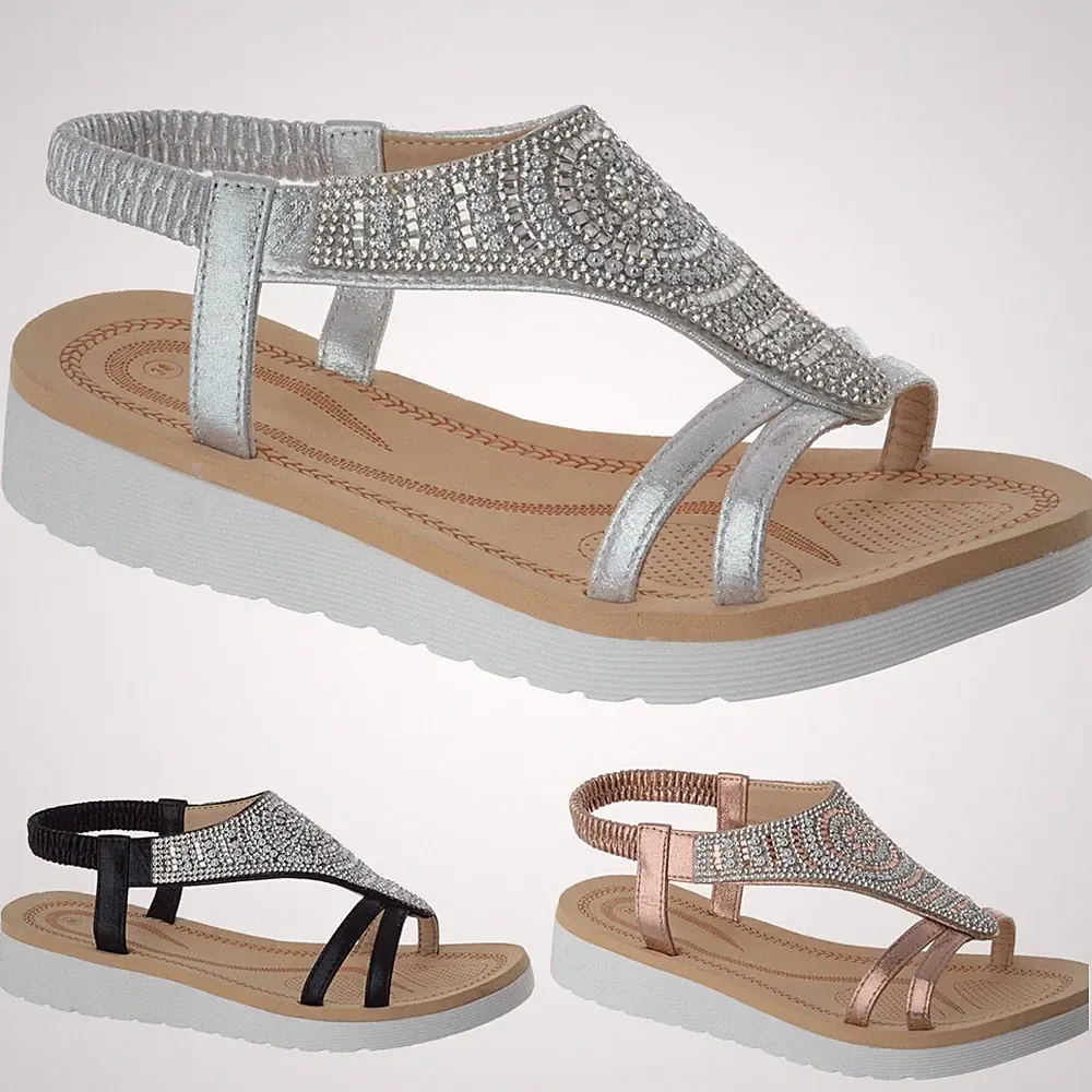 NEU DAMEN DAMEN STRASS FLACH NIEDRIGER ABSATZ WEGDE SOMMER BEQUEME SANDALEN SCHUHE GRÖSSE