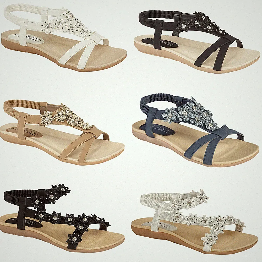 NEU DAMEN FRAUEN PARTY MODE SOMMER URLAUB STRAND SANDALEN NIEDRIGER KEILABSATZ FLACHE SCHUHE