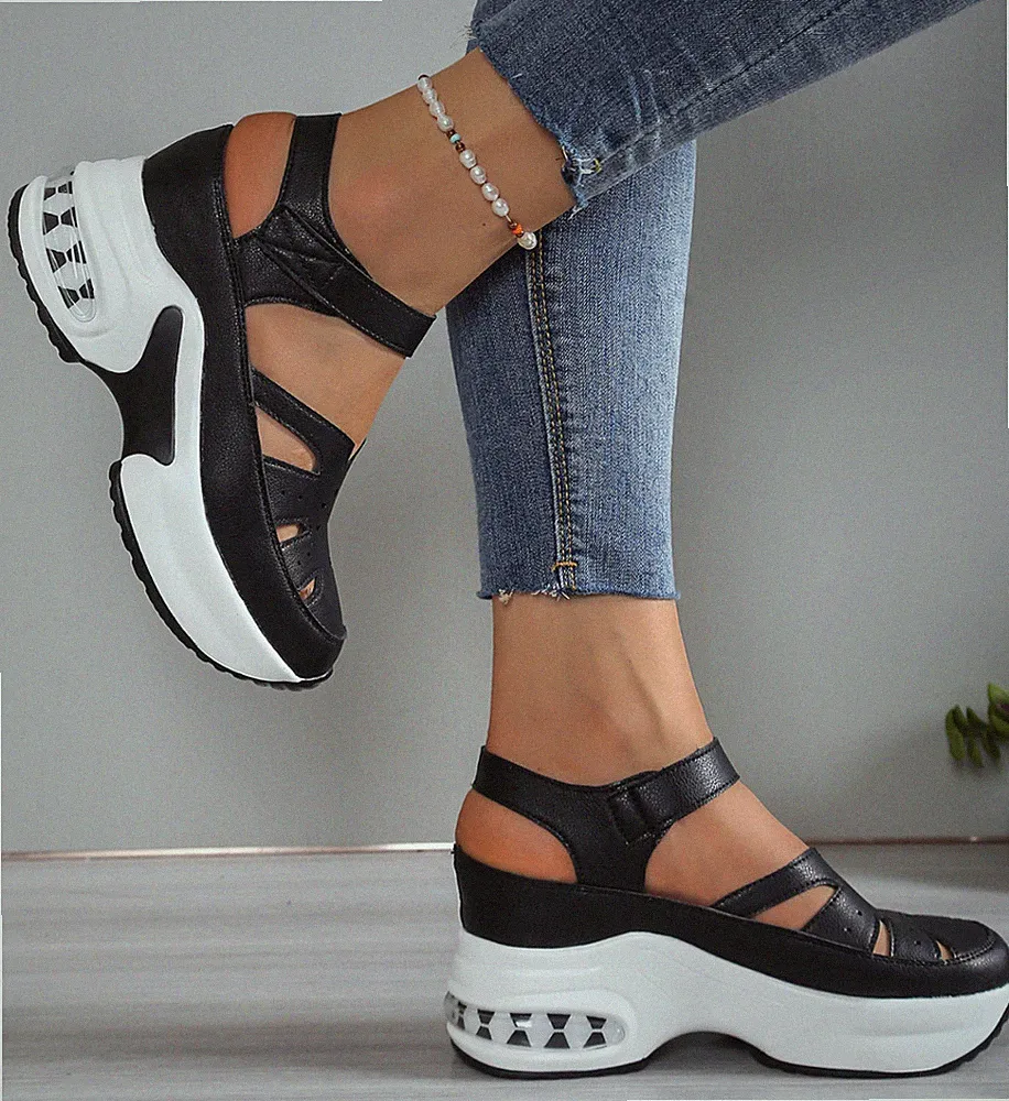 Neu Damen Keilabsatz Sandalen Cut-Outs Plateausohle Größen Klettverschluss