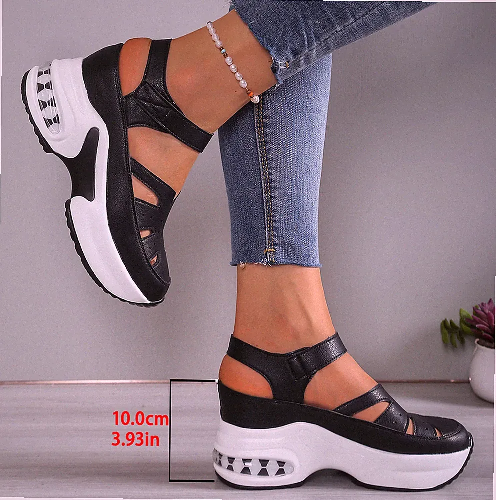 Neu Damen Keilabsatz Sandalen Cut-Outs Plateausohle Klettverschluss Größen