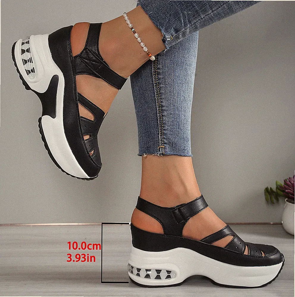 Neu Damen Keilabsatz Sandalen Cut-Outs Plateausohle Klettverschluss Größen