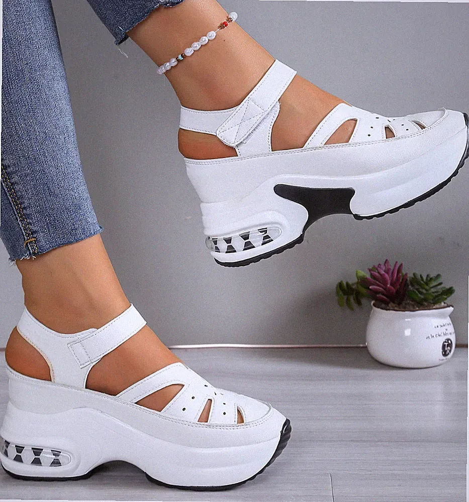 Neu Damen Keilabsatz Sandalen Plateausohle Klettverschluss Größen Cut-Outs