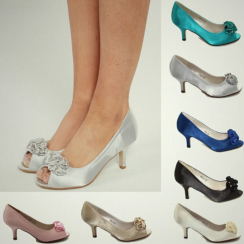 NEU DAMEN NIEDRIG SATIN KÄTZCHEN ABSATZ SCHUHE BRAUT HOCHZEIT ABSCHLUSSBALL PARTY BLUME