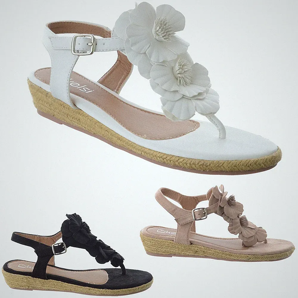 NEU DAMEN NIEDRIGER KEILABSATZ ZEHENSTEG KNÖCHELRIEMEN BLUMEN SANDALEN SCHUHE GRÖSSE