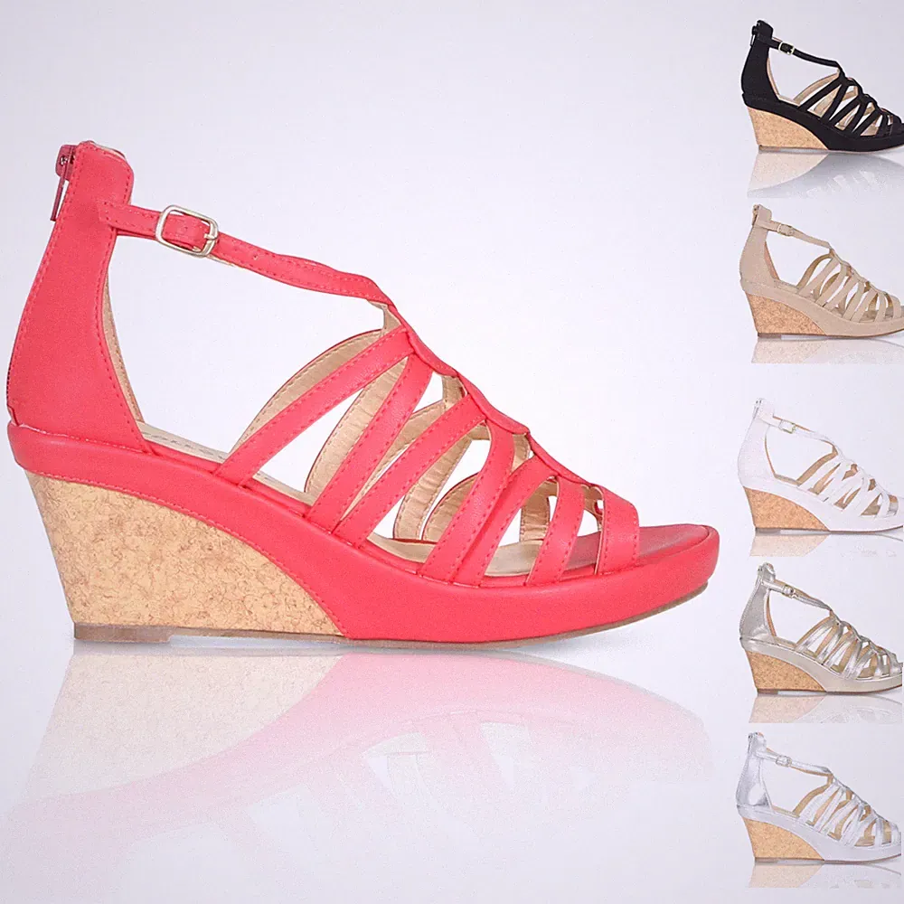 NEU DAMEN RIEMEN KORK KEILABSATZ PEEPTOE SANDALEN MITTELHOHER ABSATZ PLATEAUSCHUHE