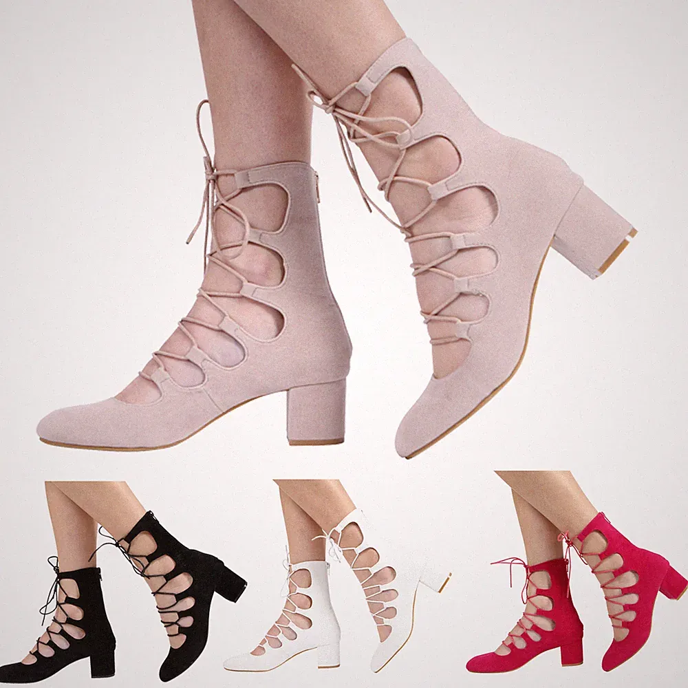 NEU DAMEN-SANDALE MIT REISSVERSCHLUSS MITTLERER BLOCKABSATZ AUSGESCHNITTENE SCHNÜR-KNÖCHEL-SCHUHE S 3-8