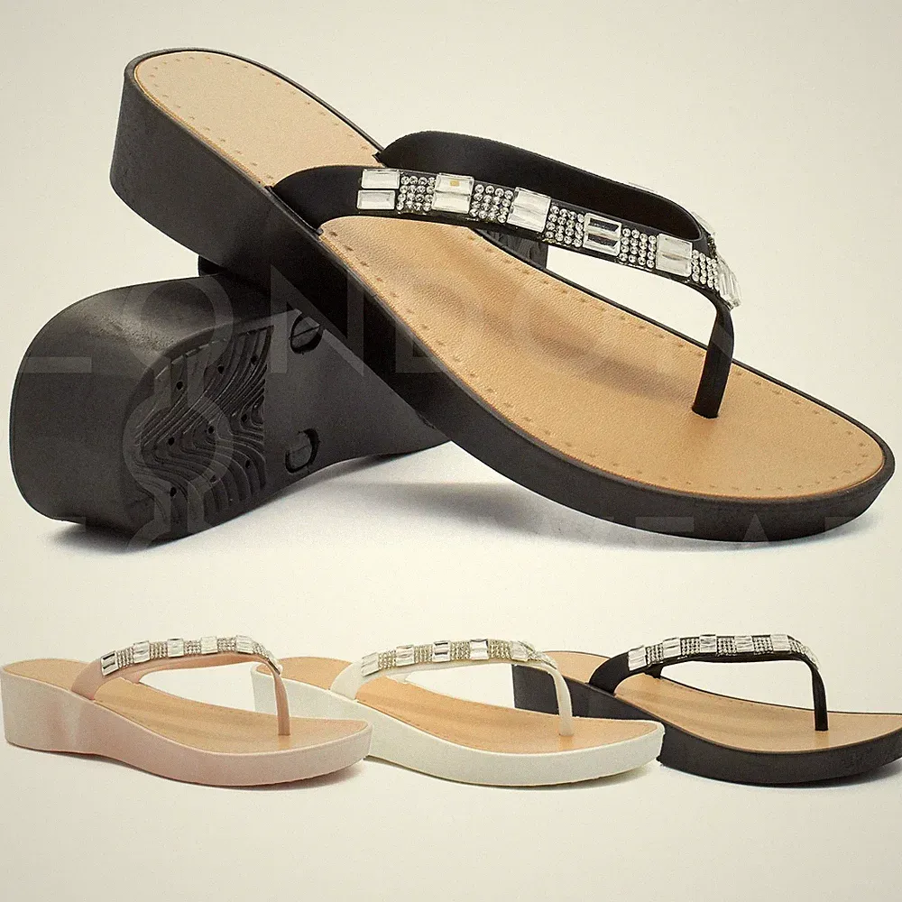 Neu Damen-Sandalen niedriger Keilabsatz Diamant-Flip-Flops Zehensteg Größe 3-8