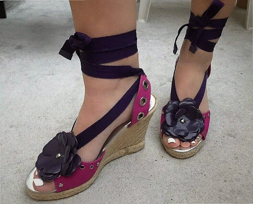 Neu Größe 5 UK Karen Millen rosa lila Keilabsatz Gladiator Espadrilles Sandalen