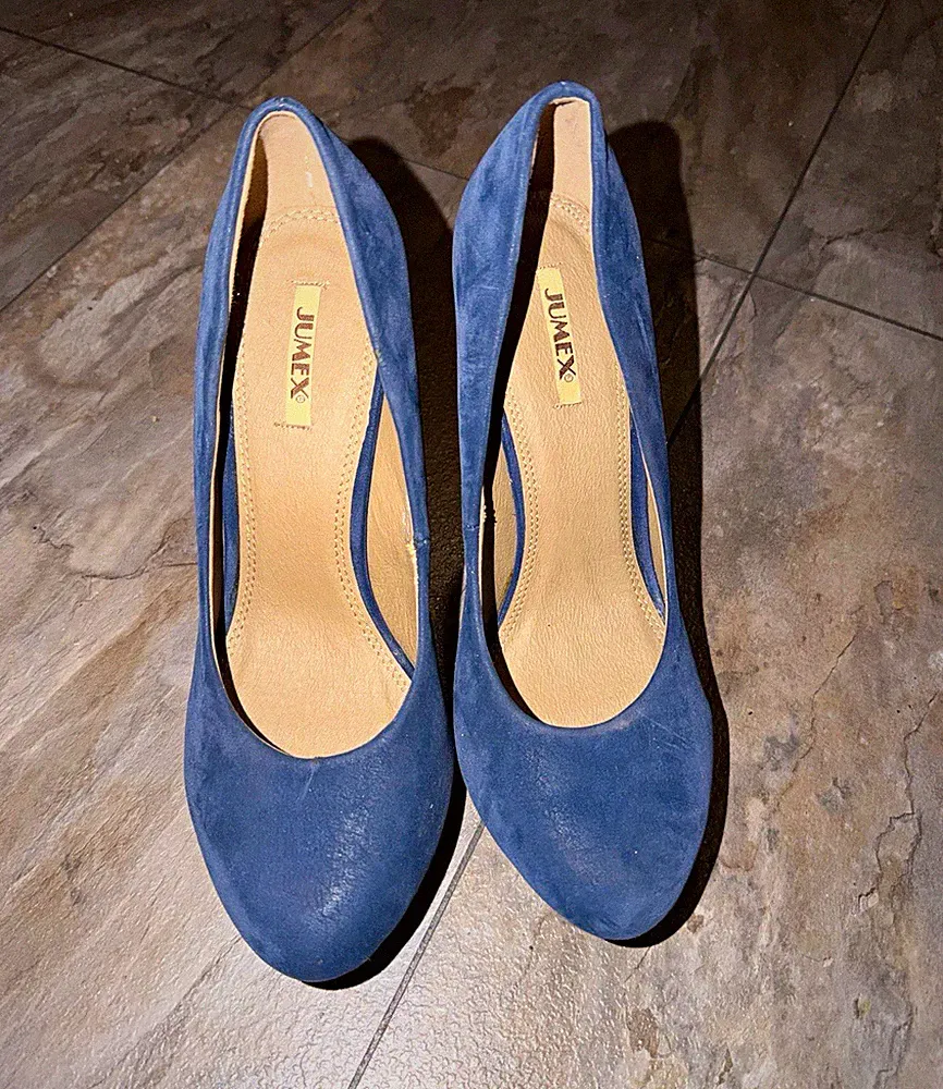 NEU Jumex Damen Pumps EU 39 Blau Faux-Wildleder Keilabsatz hoch Rund Slip-On