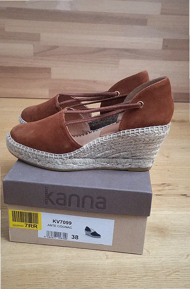 Neu Kanna Sandalen Gr.38 Keilsandalette Espadrille Schuhe Leder cognac