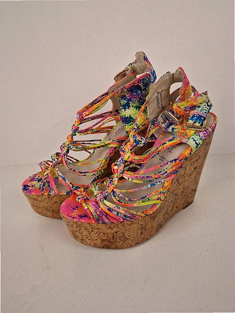 NEU New Look High Wedge Plateau Sandalen UK 4 Pink Multi Neon geknotet Festival