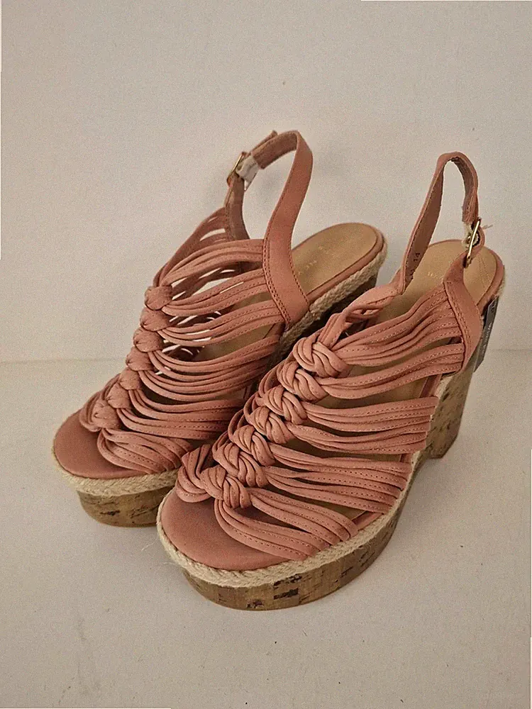 NEU New Look High Wedge Plateau Sandalen UK 4 Weite Passform Rosa Knoten Stoff