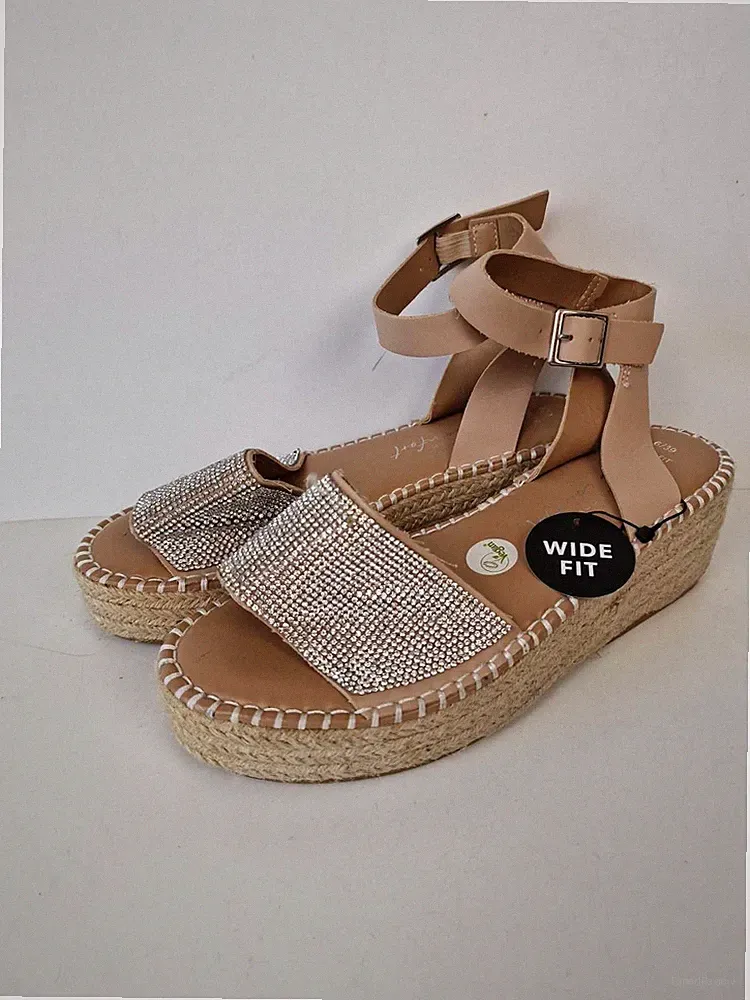 NEU New Look vegane Plateau Espadrille Sandalen UK 6 weite Passform beige Diamanten