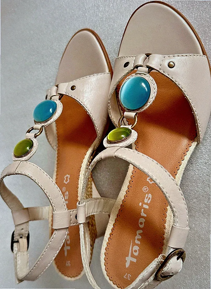 NEU SCHÖNE Sandaletten TAMARIS Gr.37 Leder Beige-Grau Steine