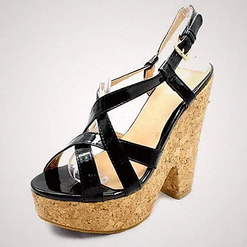 NEU TRÜFFEL Damen SCHWARZ Lack PU Kork Absatz Plateau Riemchen Sandalen 3 4 5 6 7