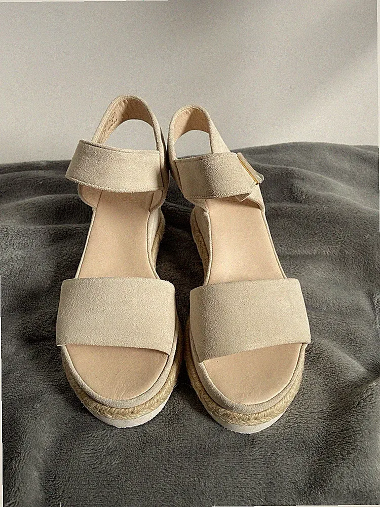 Neuwertig Högl Sandalen Keilabsatz Creme Gr. 3 / 36 Leder Velour