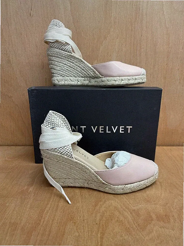 Neuwertige Espadrille-Sandale Samt rosa Tessa zum Binden Keilabsatz UK-Größe 5 Absatz Spitze Knöchelriemen