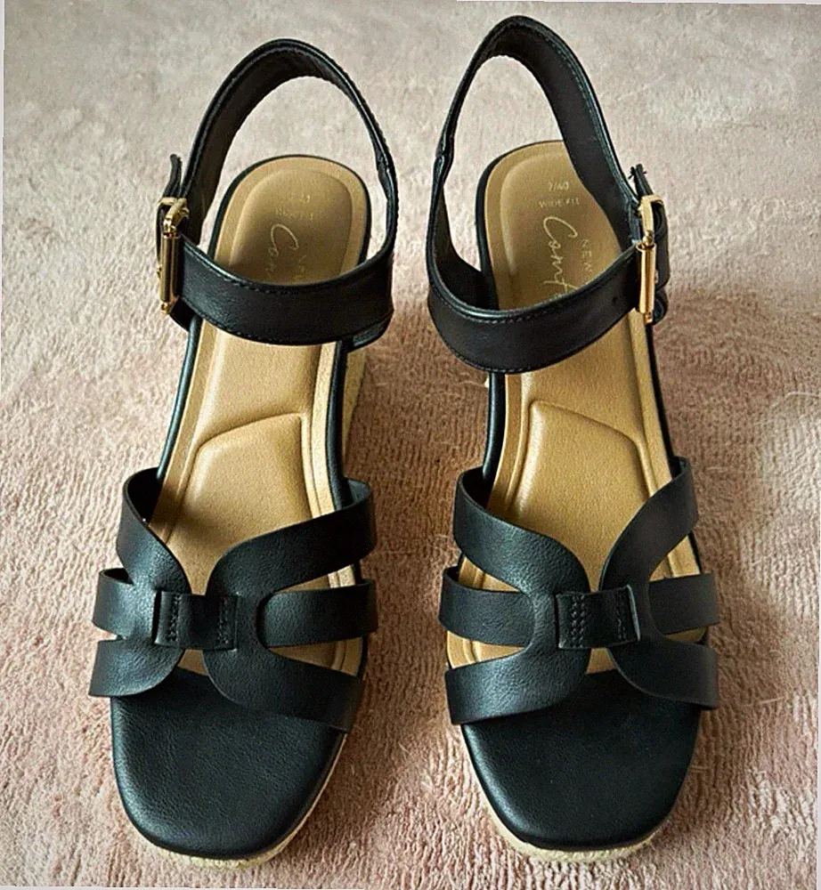 New Look Damen Keilabsatz-Sandalen Leder schwarz/beige Knöchelriemen EU40