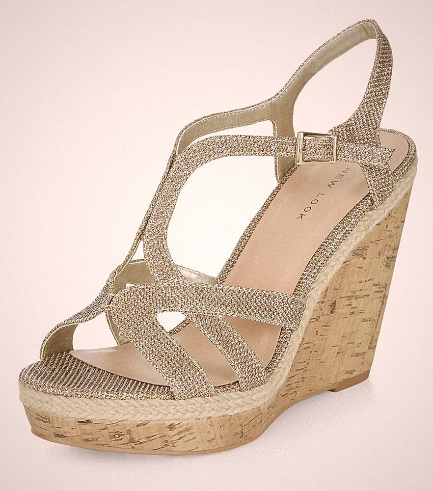 New Look DAMEN-SANDALEN GRÖSSE 9 43 GOLDFARBEN HOHER KEILABSATZ SLINGBACK TRANSVESTIT