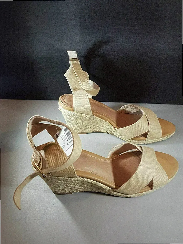 Next Espadrille Keilabsatz Sandalen UK 8 EU 42 Creme Canvas Knöchelriemen Juteabsatz