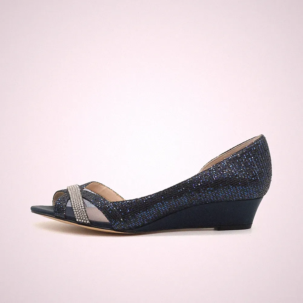 Nina Damen Abendschuhe EU 36.5 Glitzer Peeptoe Keilabsatz Blau/Silber Evening