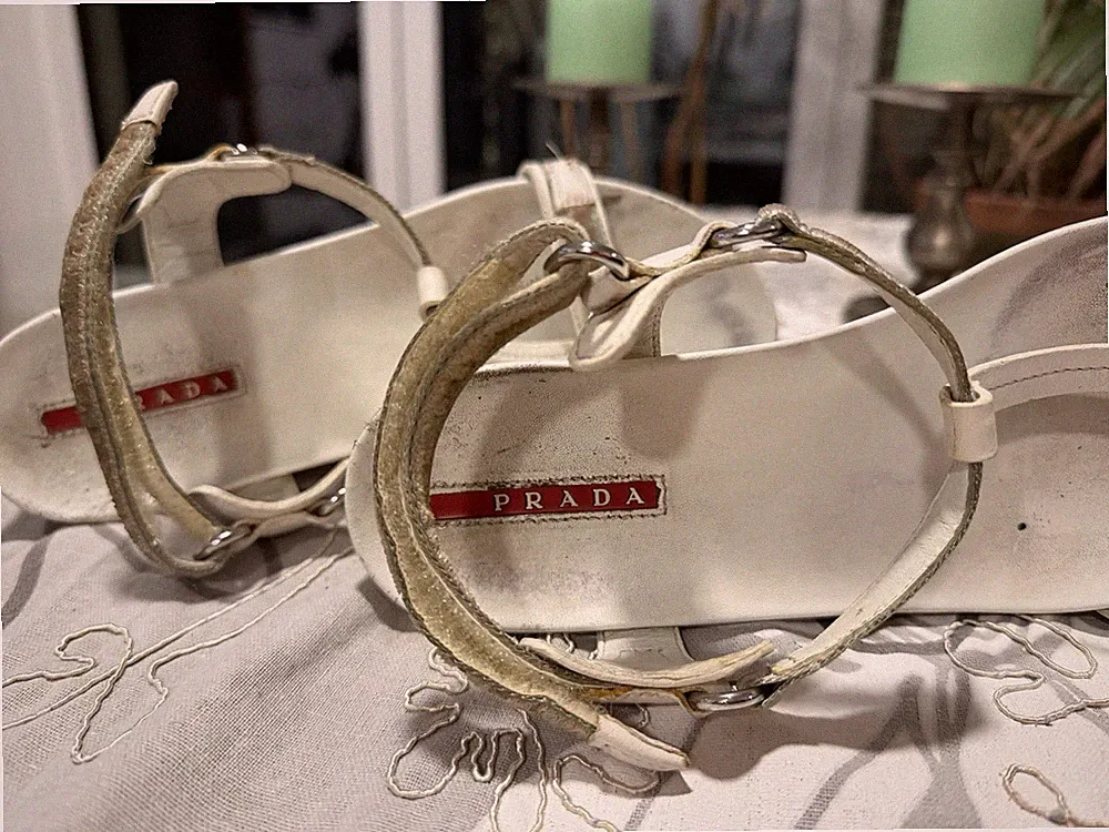 Original PRADA Vintage Keilabsatz-Sandalen Weiß/Kork – Gr. 38 (Linea Rossa)