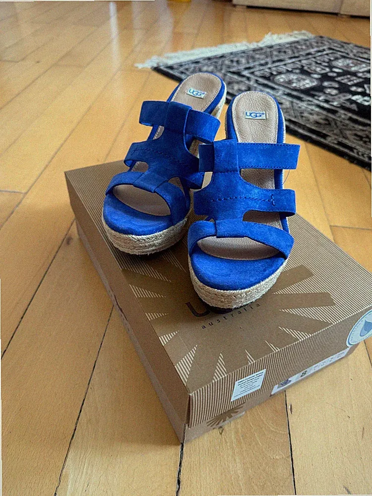 Original UGG, Keilabsatz Sandale, Größe 39, 12 cm Absatzhöhe, Farbe Blau NEU