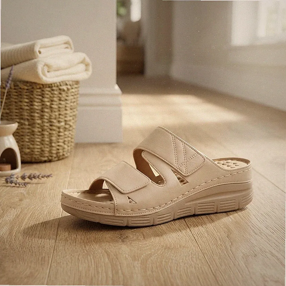 Orthopädische Damen-Keilsandalen beige XS stützend rutschfest offene Zehenpartie