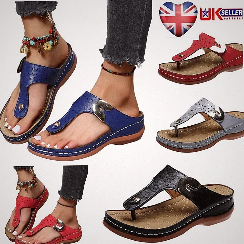 Orthopädische Damen-Sandalen Freizeit flach Flip-Flops niedriger Keilabsatz Schuhe Größe 2-8