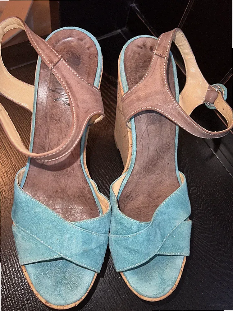 Ovye Damen Plateau Sandalen Schuhe Keilabsatz Kork Türkis Braun Gr. 38