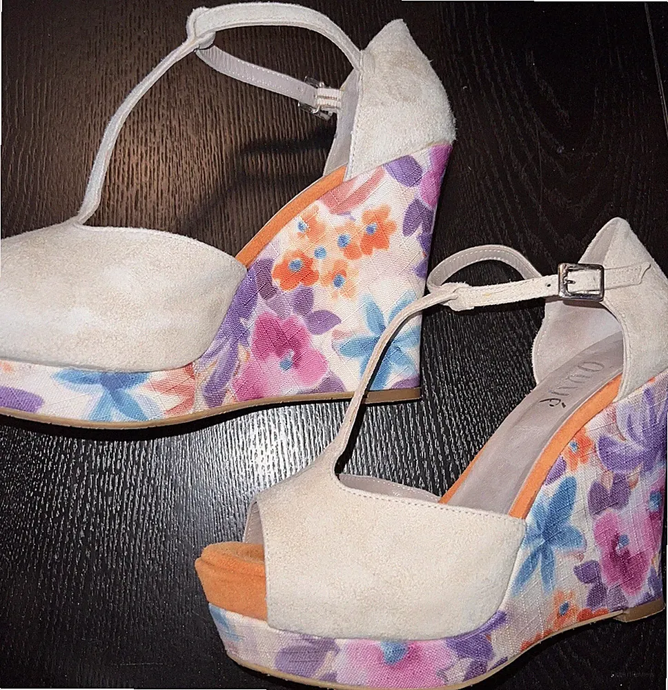 Ovye Plateau Sandalen Keilabsatz Beige Lila Pink Orange Blau Gr. 38 Wie Neu