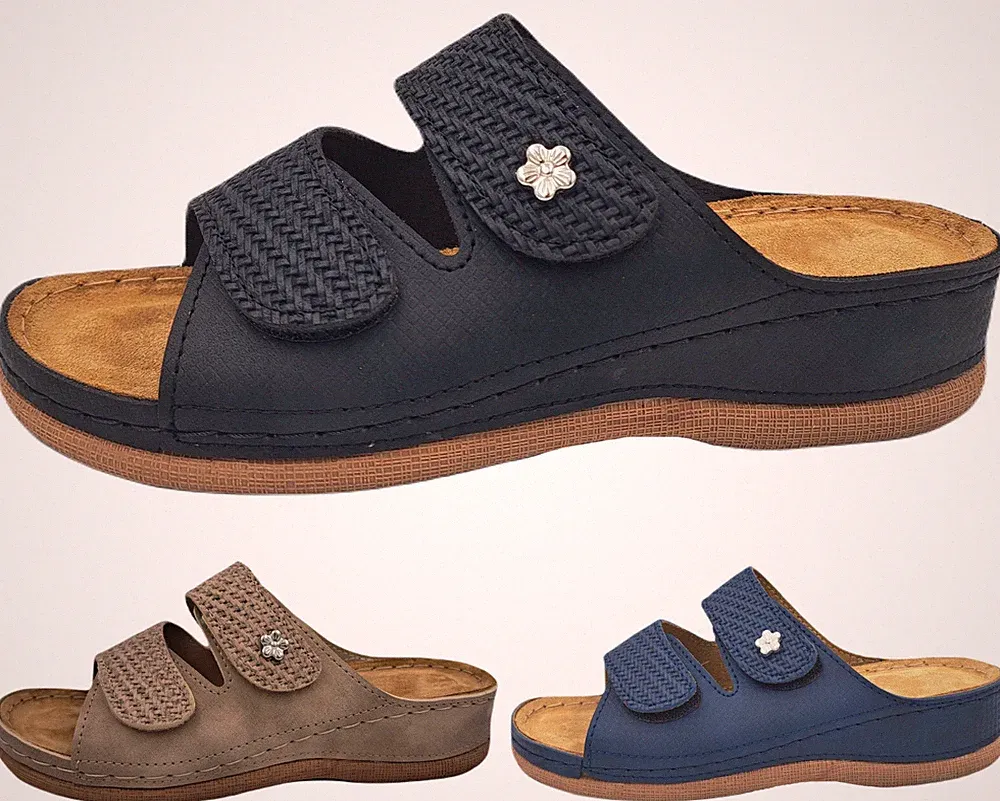 PADERO Pantolette Damen Keilabsatz Leder-Decksohle Klettverschluss