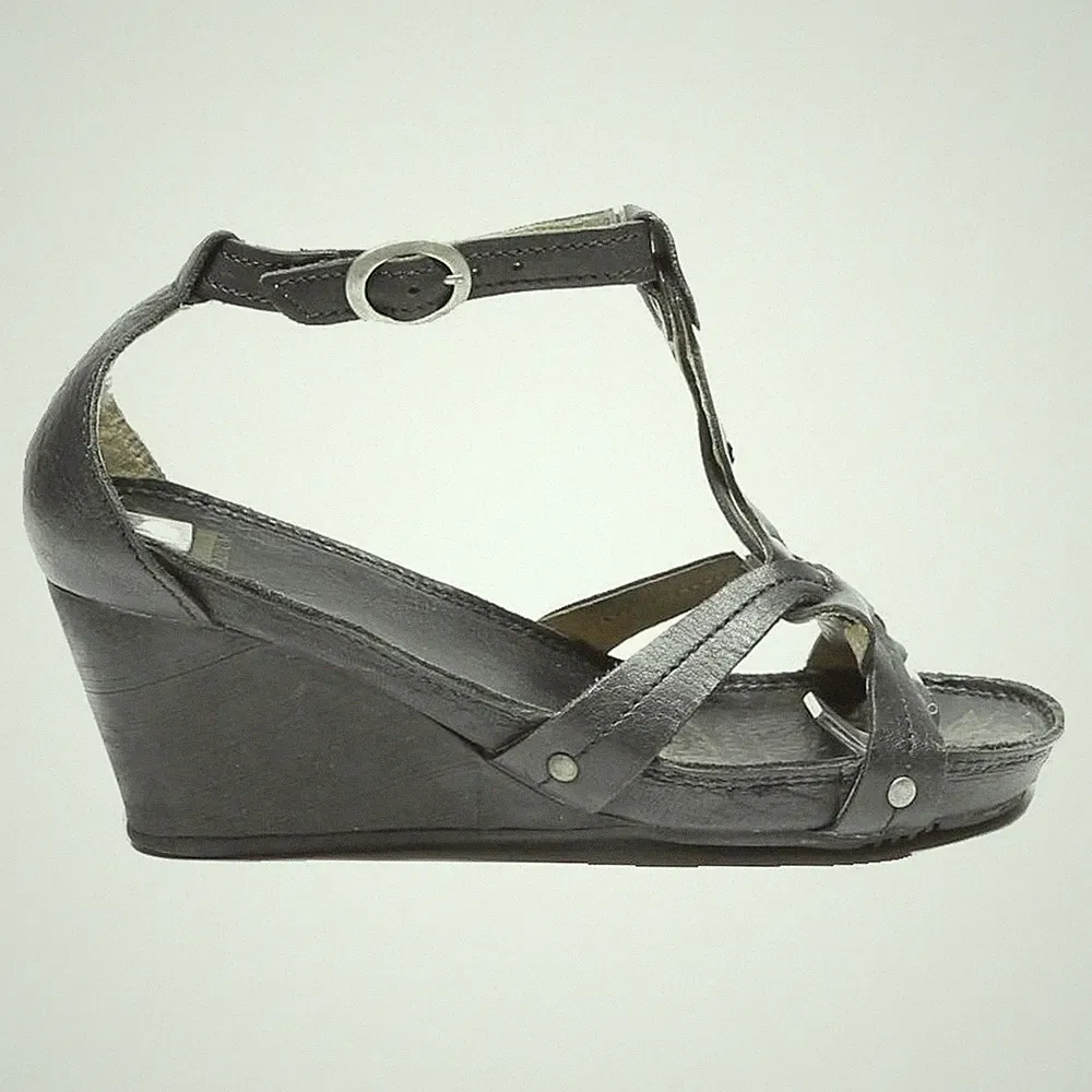 PALLADIUM Damen Schwarze Ledersandalen Keilabsatz UK 4 Sommer Bequem