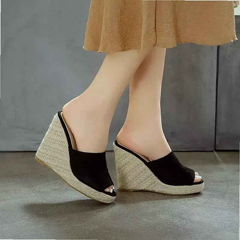 Pantoletten Pantoletten Keilabsatz Kordel schwarz bequem Slipper Absatz 11 cm CF8X1A