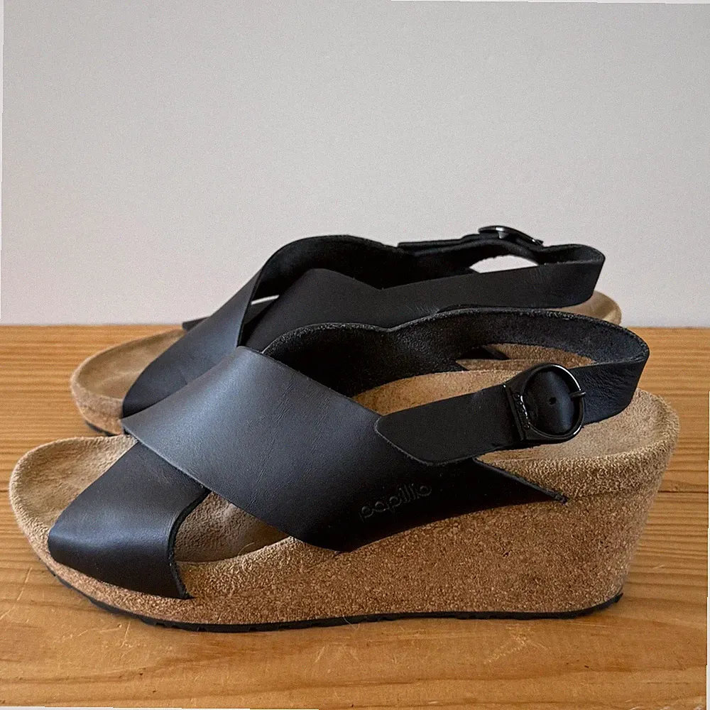 Papillio Sandalen Gr. 37 4,5 schmal Samira schwarz Leder Keilabsatz Kork Slingba